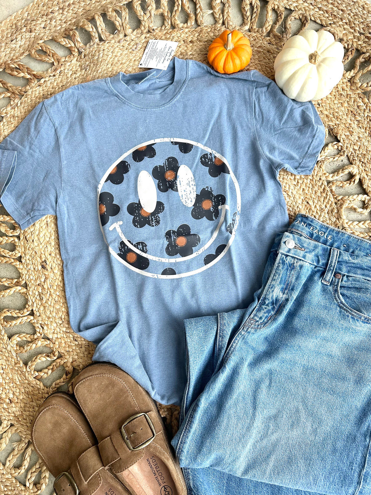 Floral Denim Happy Graphic Tee